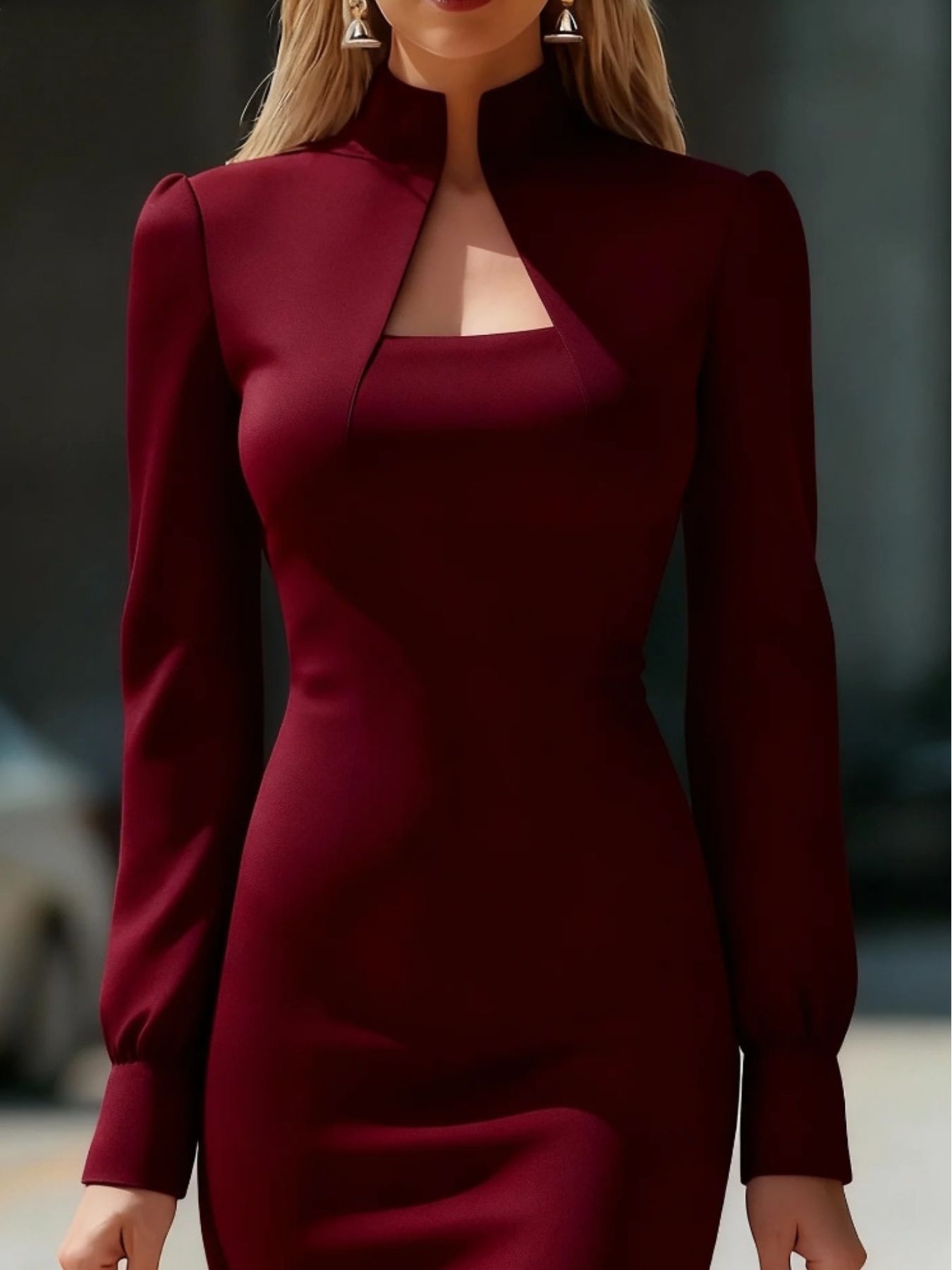 Slit High Neck Long Sleeve Dress