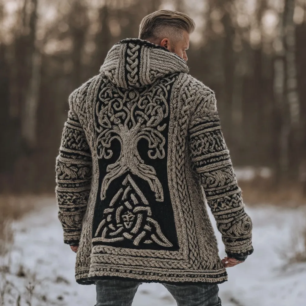 Men's Viking Valknut Life Of Tree Celt Chunky Knit Hooded Cardigan