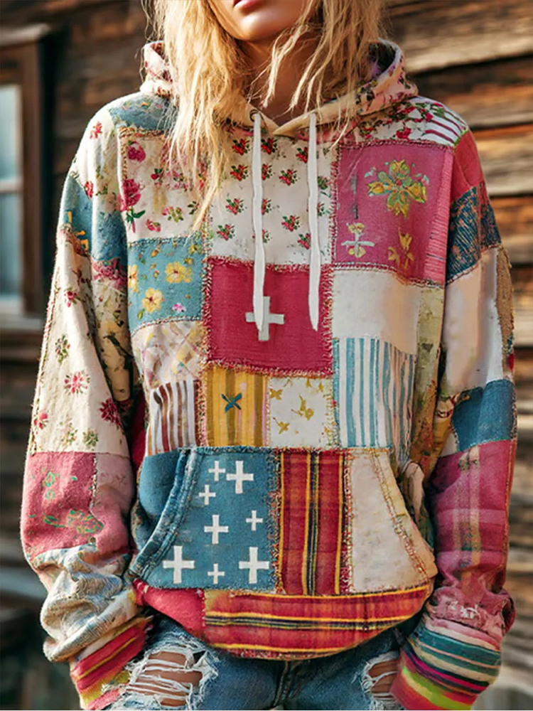 Women's Vintage Flower Cross Art Long Sleeve Hoodie