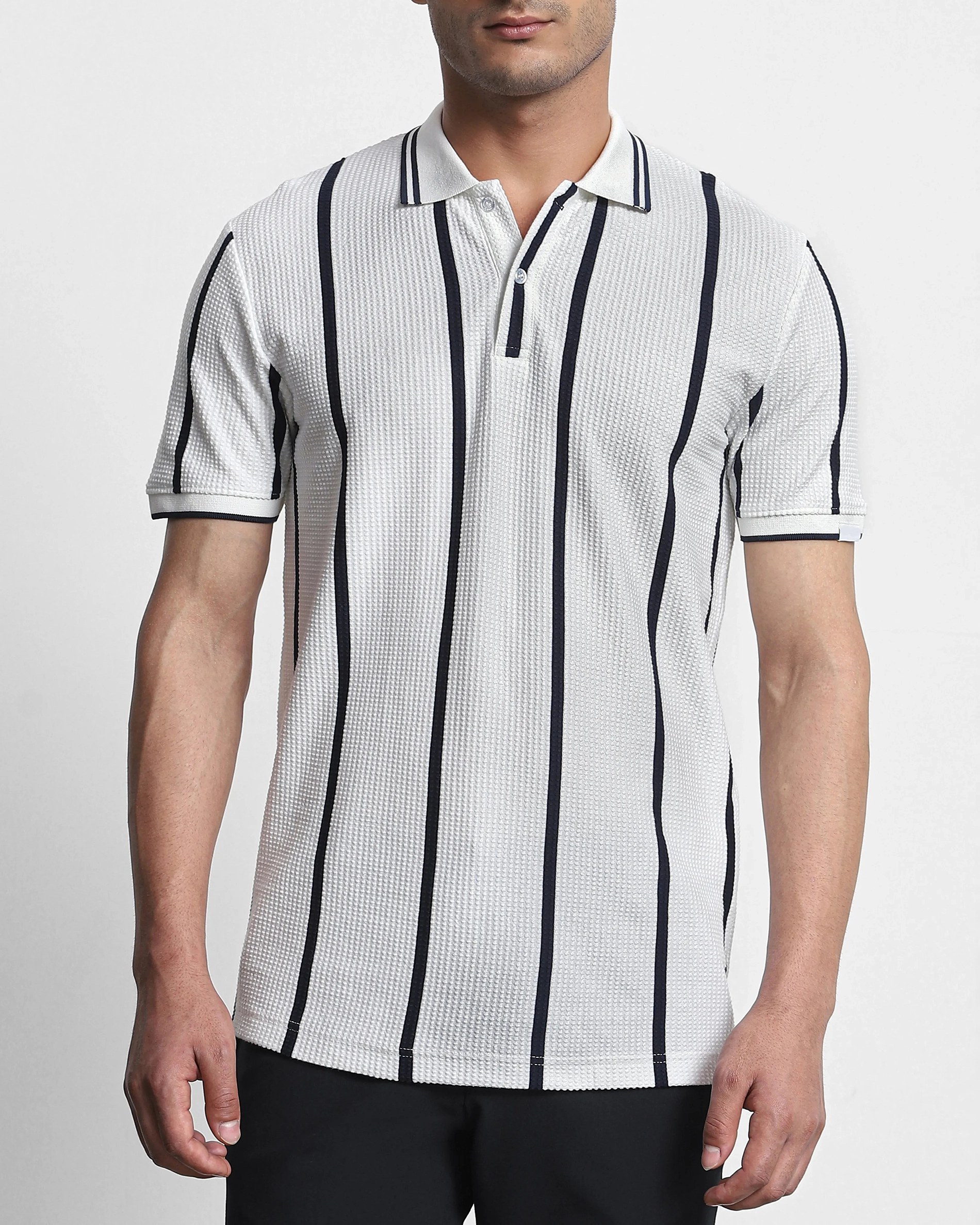 Daily Simple And Slimming White Striped Polo Shirt