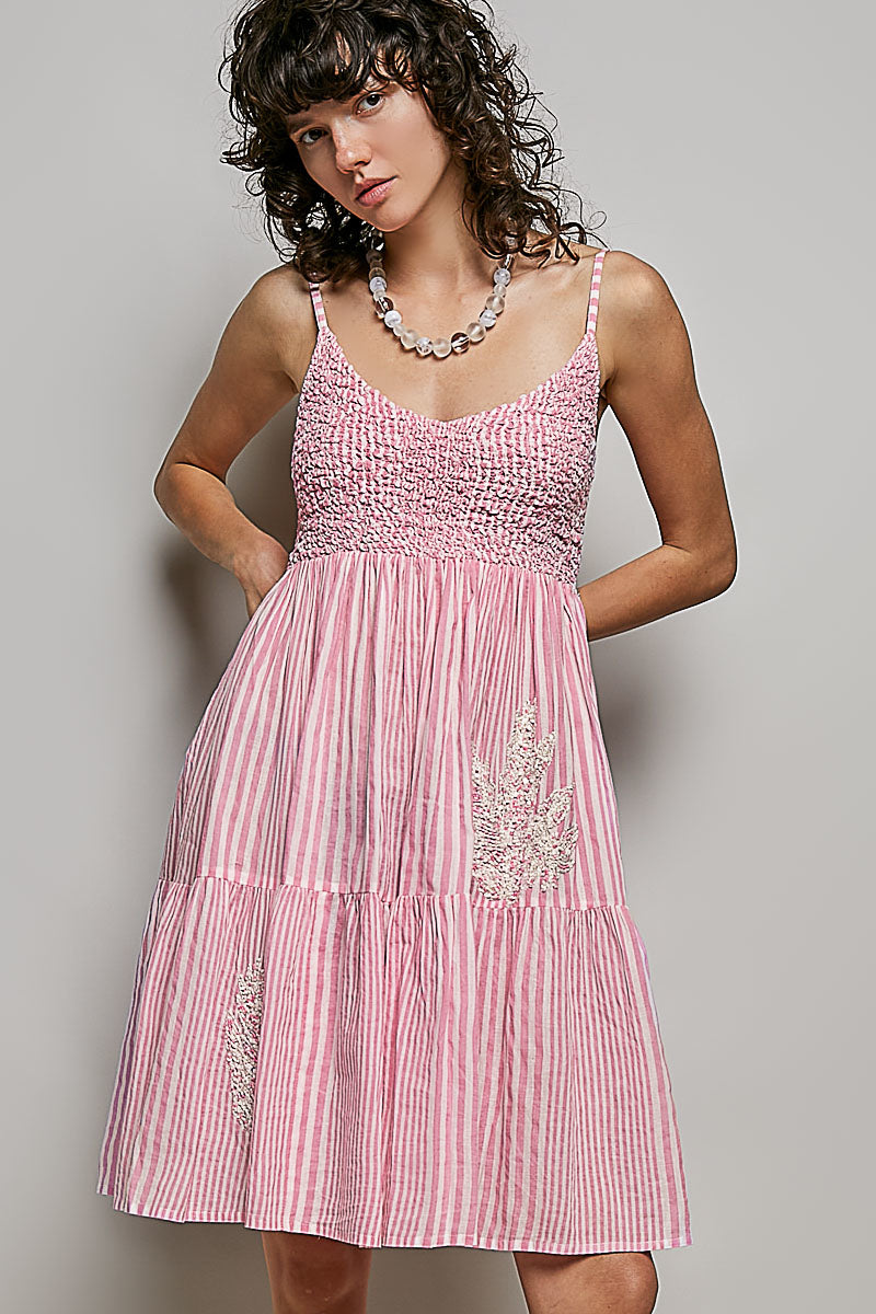POL Striped Smocked Embroidered Mini Dress