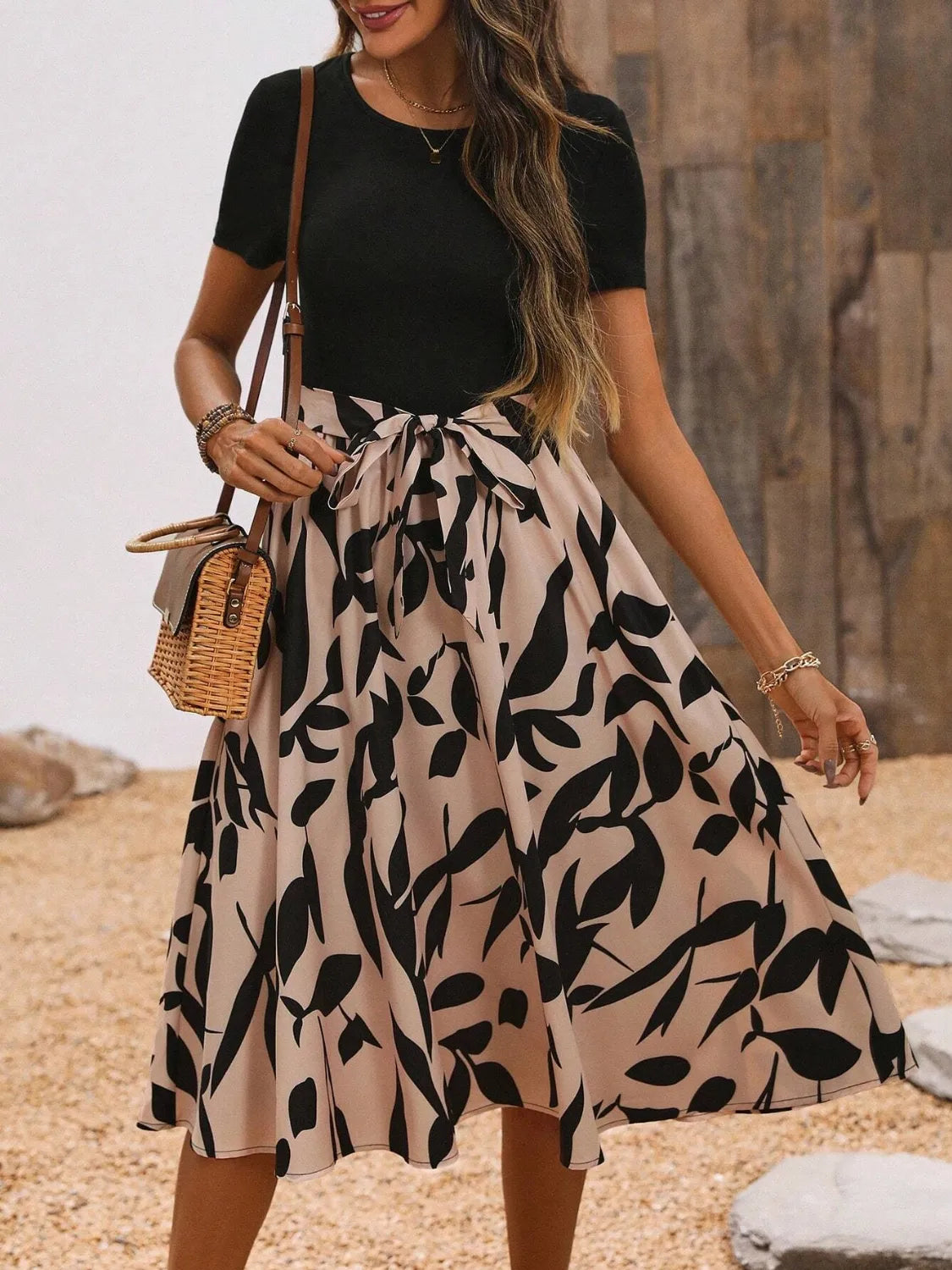 Printed Round Neck Short Sleeve Midi Dress