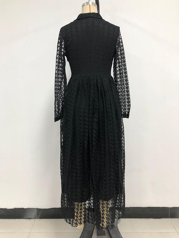 Buttoned Gauze See-Through Solid Color High Waisted Long Sleeves V-Neck Maxi Dresses