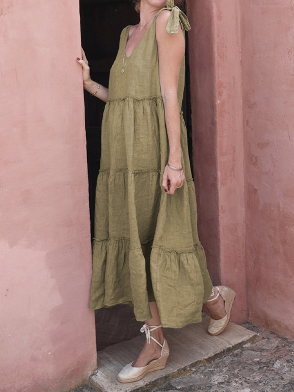 Solid Color Loose Sleeveless V-Neck Midi Dresses