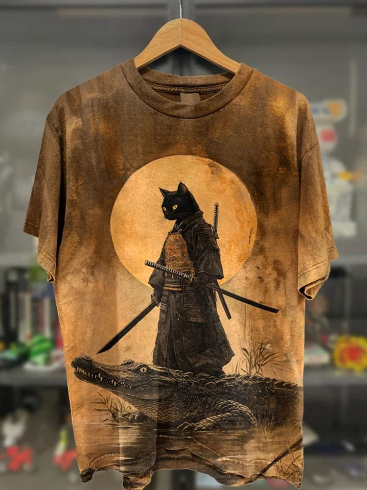 Men's Samurai Cat And Crocodile Surreal Art Print Casual T-shirt