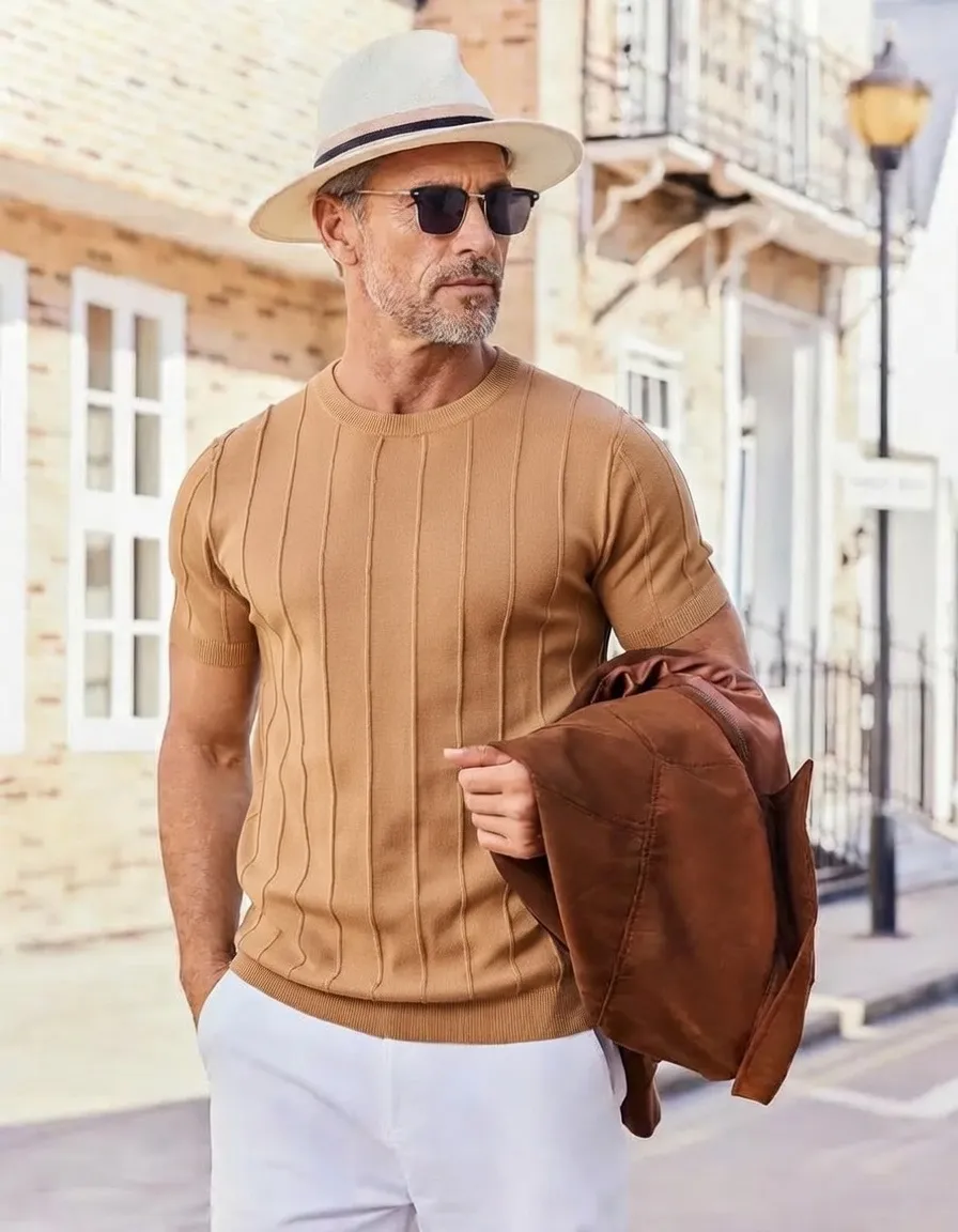 Last Day Promotion 🔥🔥 Crewneck Ribbed Pullover Men's T- Shirts Short Sleeve Knit Casual Tees