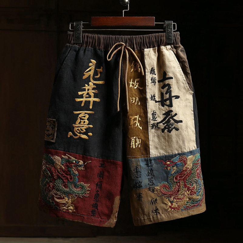 Men's Japanese Dragon Pattern Color Block Linen Casual Shorts