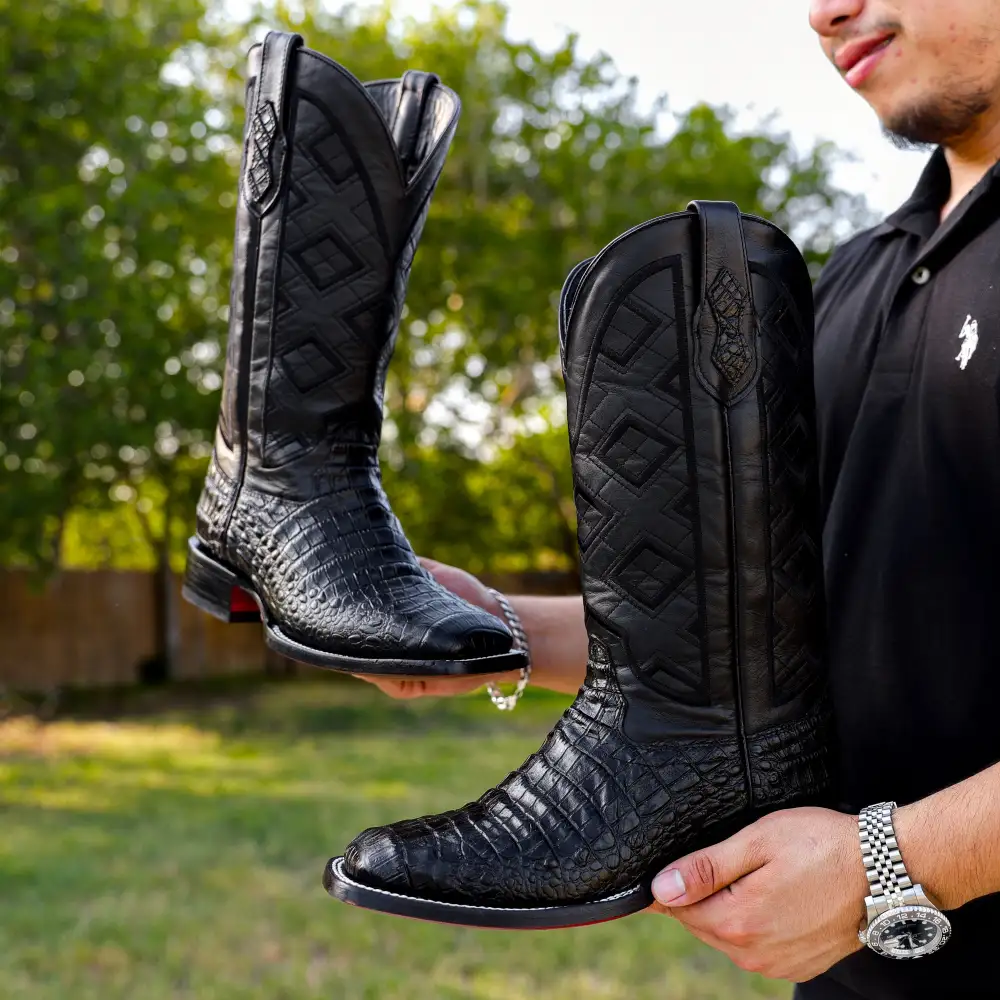 Black Caiman Belly Leather Boots - Square Toe