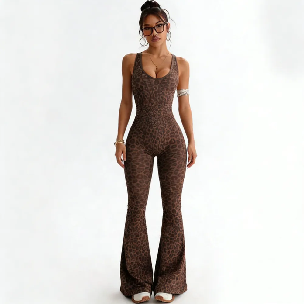 Women's Leopard Print Flared Workout Bodysuit