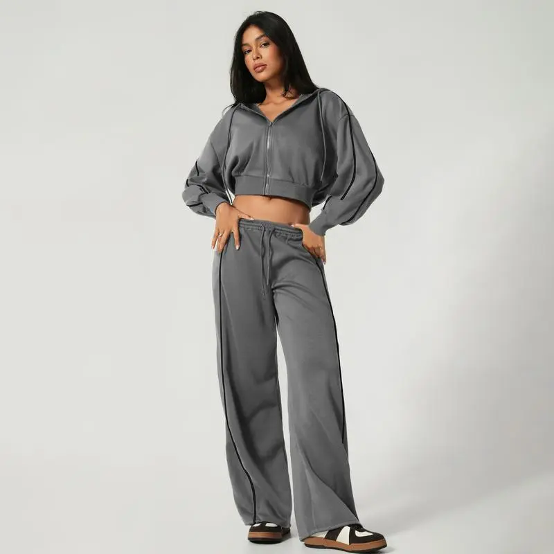 Women’s Hooded Tracksuit Set (Cropped Hoodie + Wide Leg Pants)