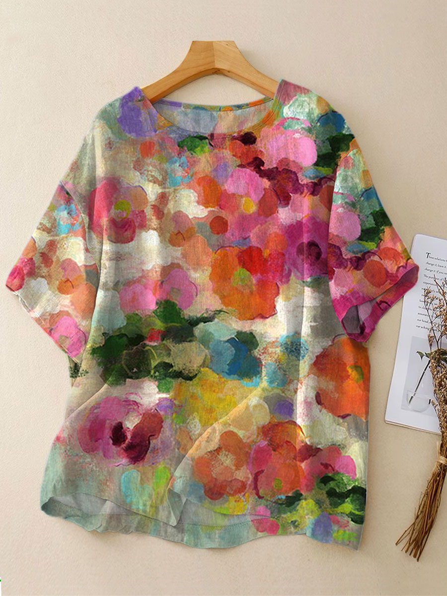 Women's Vintage  Flowers  Art  Print Casual Linen Crew Neck Shirt