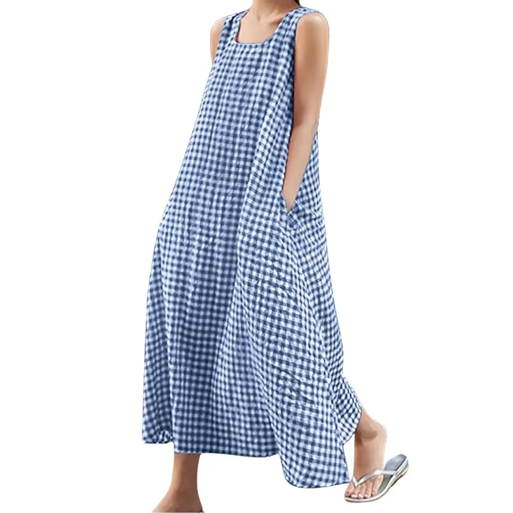 Women's Plaid Cotton Sleeveless Maxi Dress