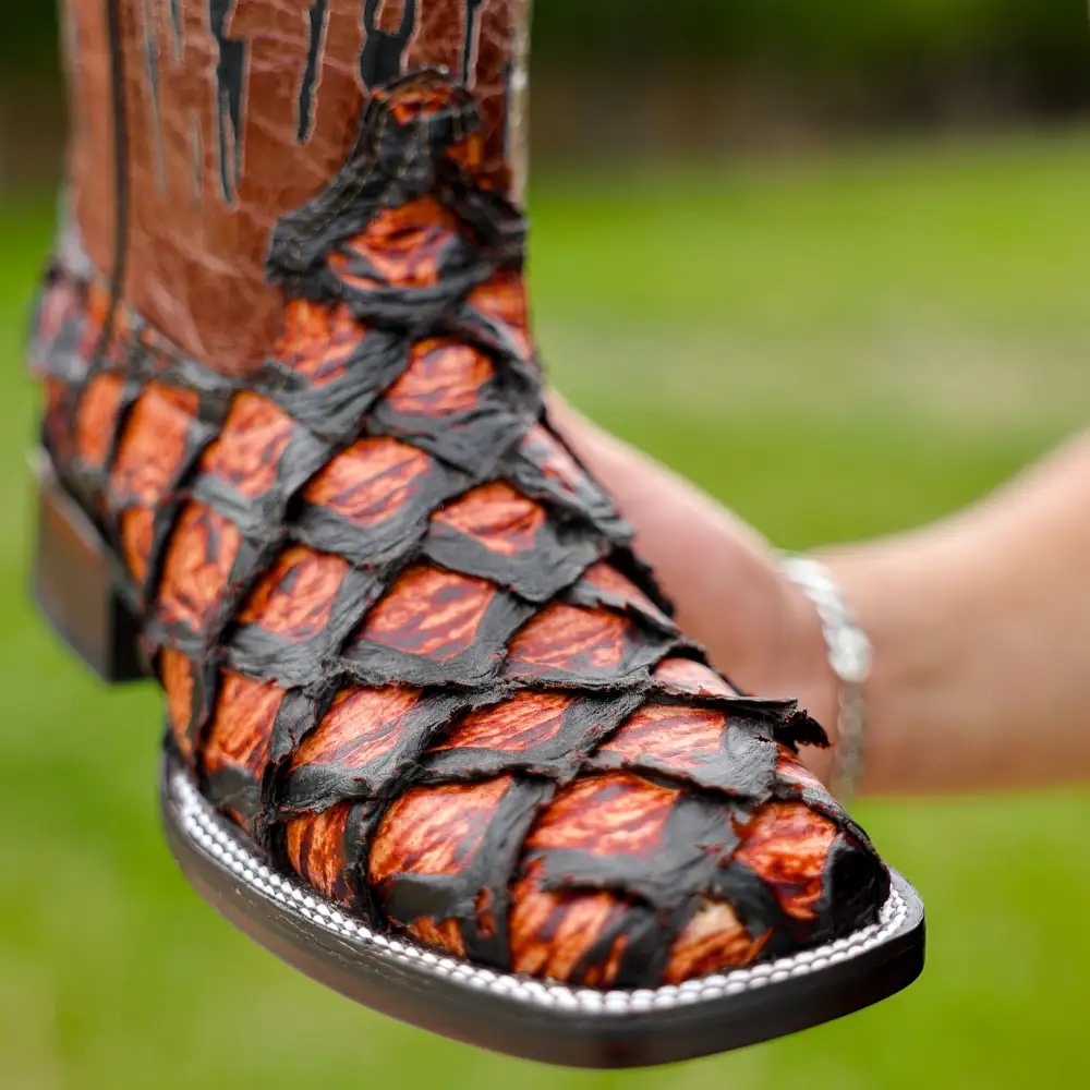 JUMBO Cognac Pirarucu Leather Boots - Square Toe