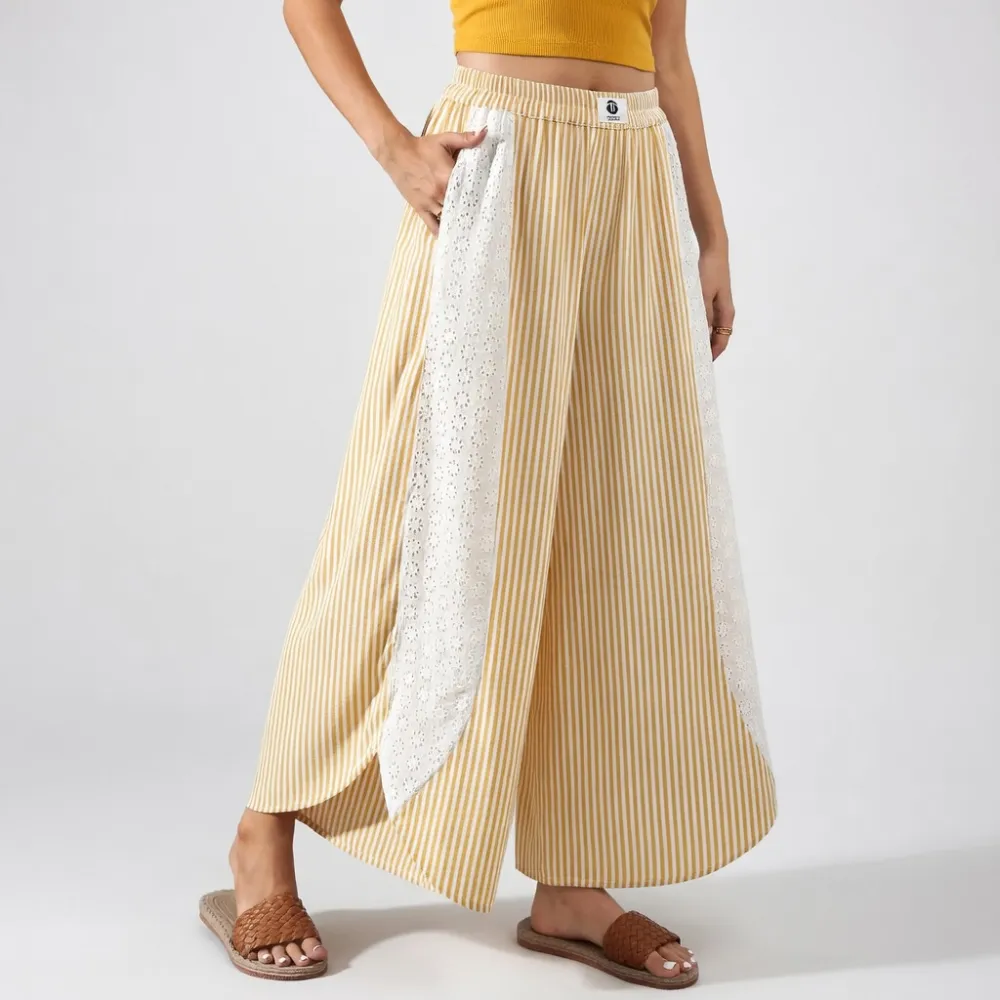 Women’s Boho Striped Wide Leg Palazzo Pants with Lace Panel