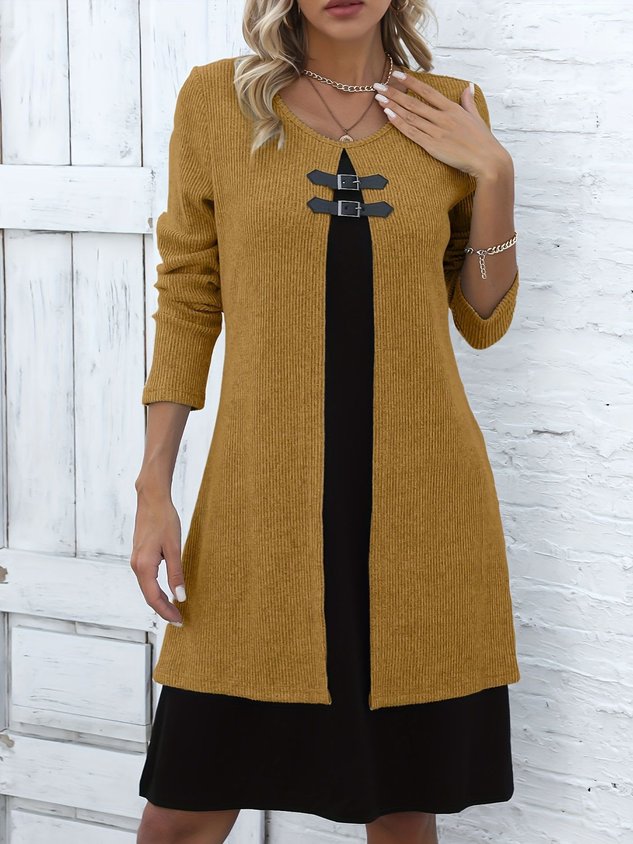 Casual Color Block Crew Neck Midi Dress