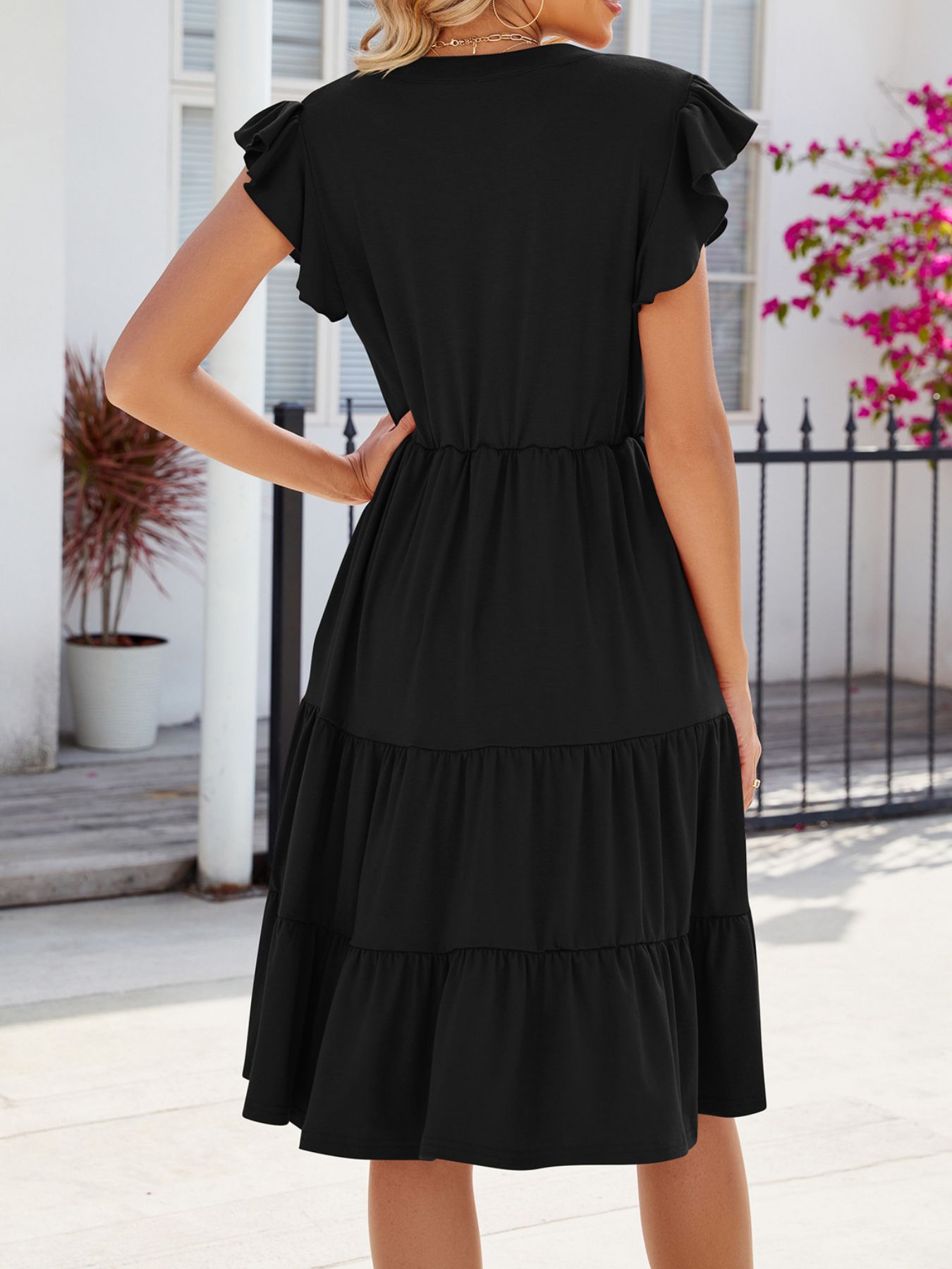 Ruffled Notched Tiered Midi Dress
