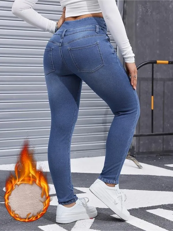 Women's High Elasticity Fleece Lined Thick Denim Jeans