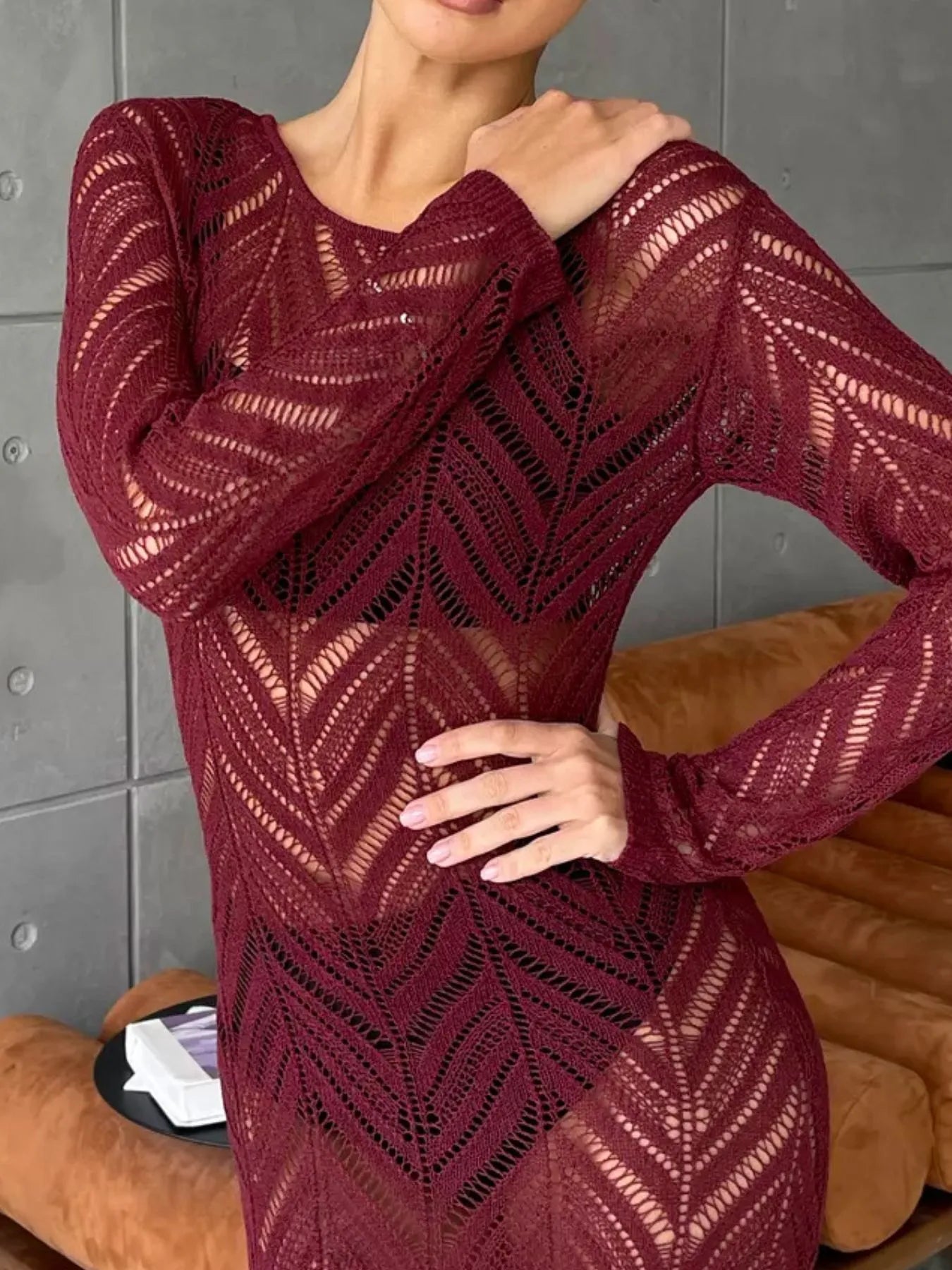 Openwork Long Sleeve Knit Cover Up Dress