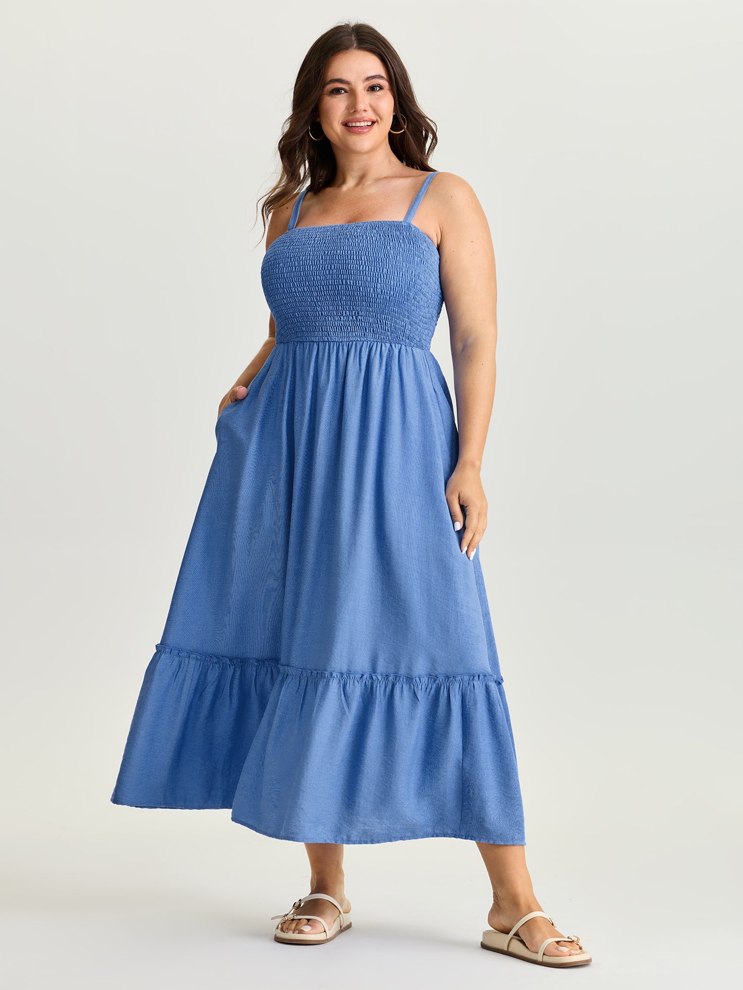 Shirred Tiered Hem Plain Maxi Dress