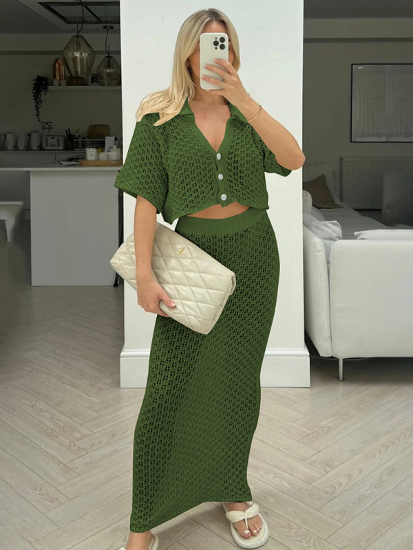 Knitted Crochet Multicolor Cardigan Button Skirt All-match Set Dress