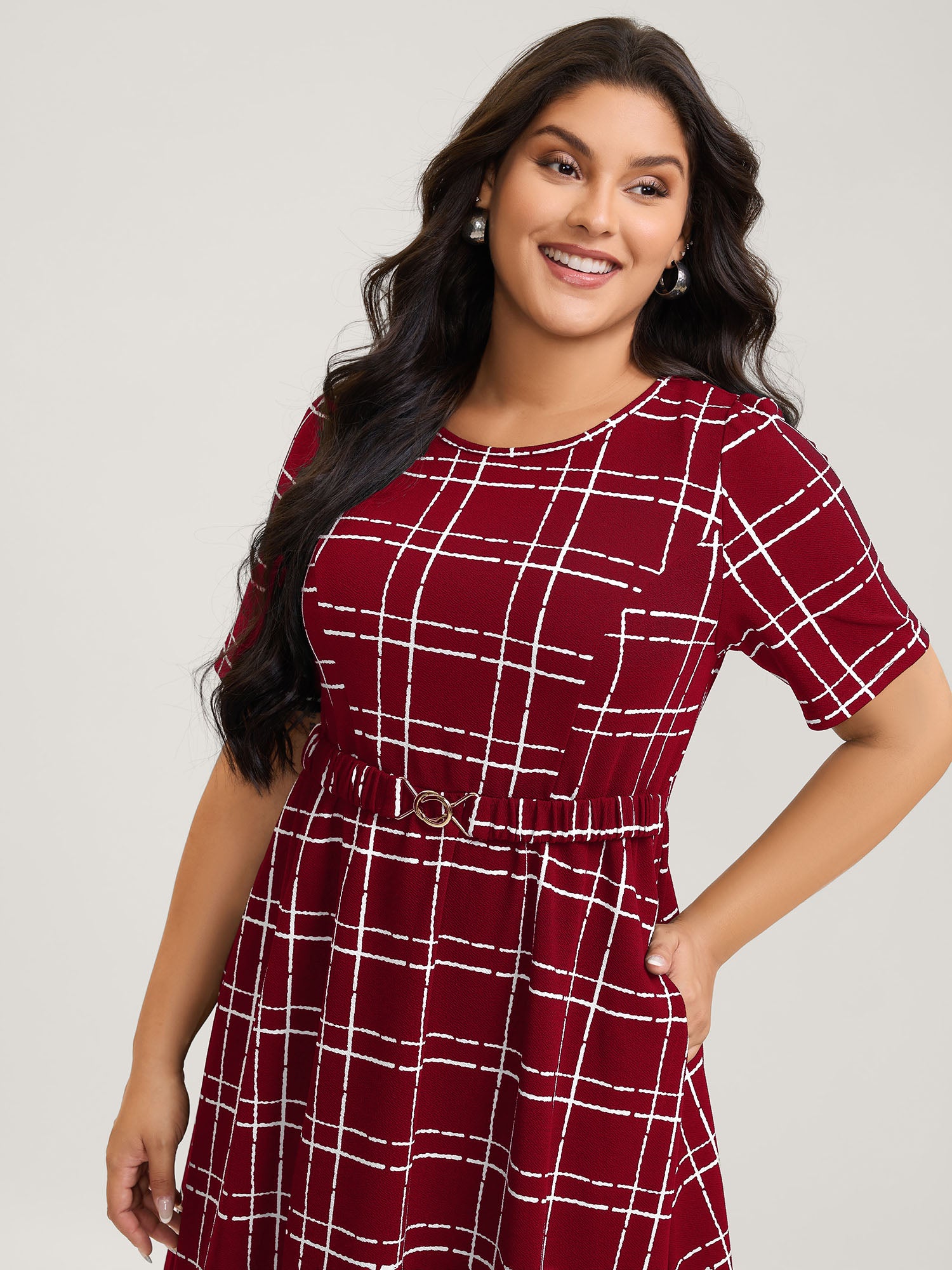 Grid Print Knit Belted Midi Dress
