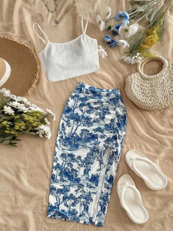 Women's Plain Cami Top & Ditsy Floral Print Ruched Drawstring Skirt