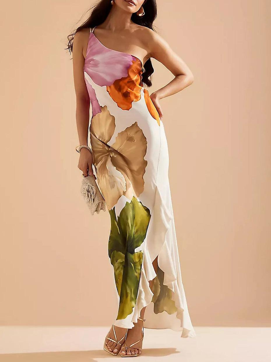 Elegant Exquisite Floral Print One-shoulder Maxi Dress
