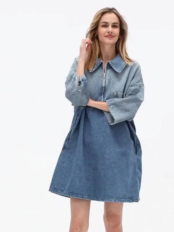 Women's Denim Dress Half-Zip Collared Vintage Washed Blue Loose Fit Long Sleeve