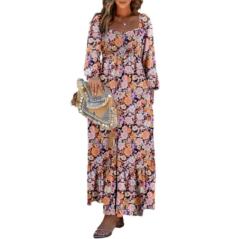 Women’s Long Sleeve Boho Dress – Square Neck & Button Detail