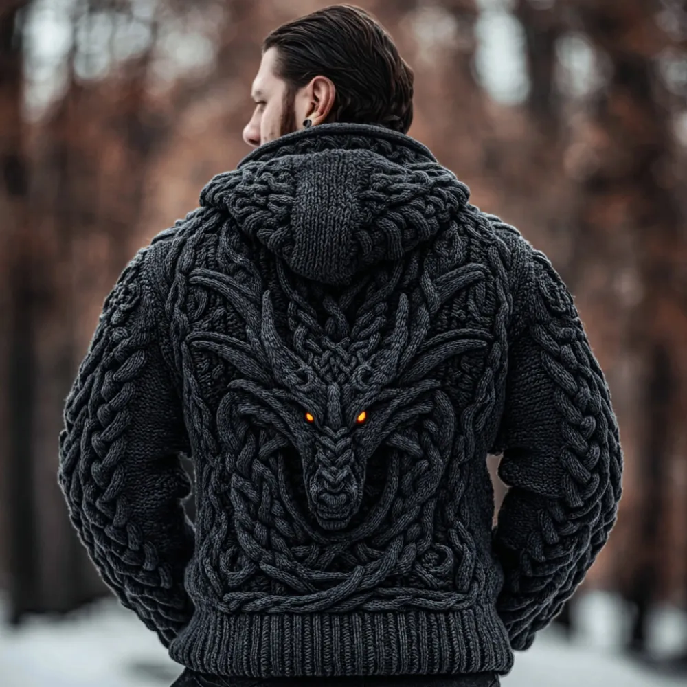 Men's Viking Inspired Celtic Dragon Cozy Sweater Cardigan