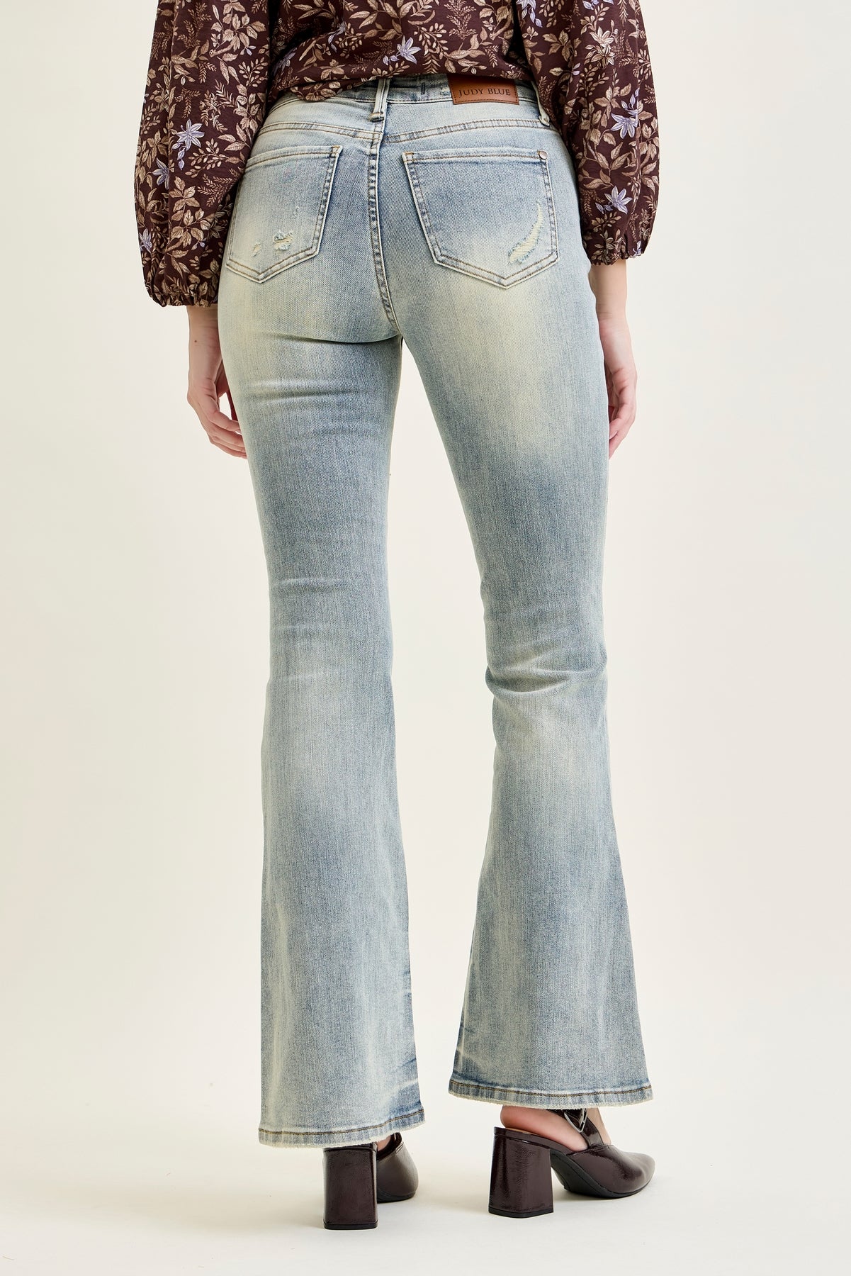 Megan Mid Rise Tinted Pin Tack Detail Flare Jeans