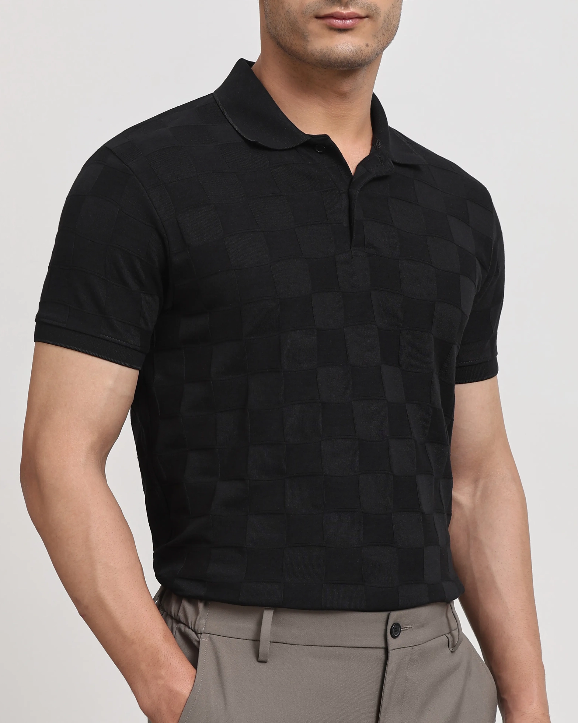 Casual Minimalist Black Plaid Texture Polo Shirt
