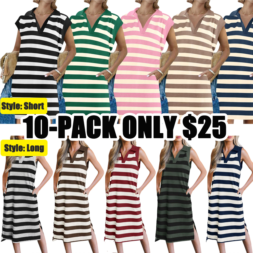 Women’s Striped Polo V-Neck Summer Dress – Sleeveless Loose Fit Midi T-Shirt Dress with Slit, Available in Long & Short Styles (Sizes S–5XL)
