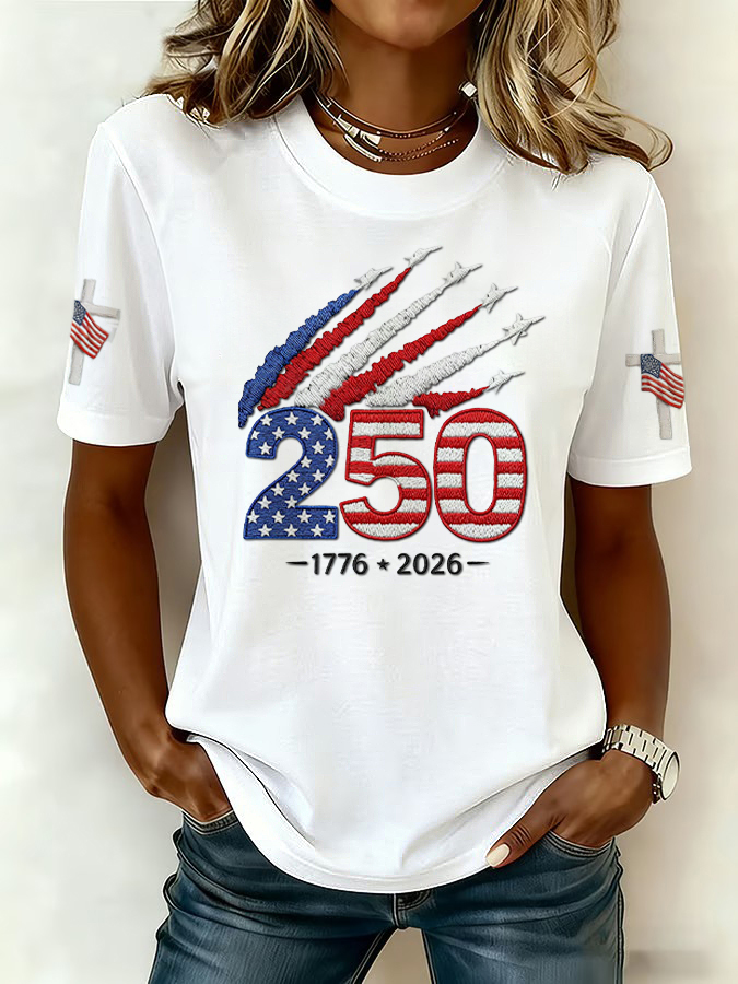 Women'S Retro American Independence Day 250Th Anniversary Printed Round Neck Short Sleeved T-Shirt