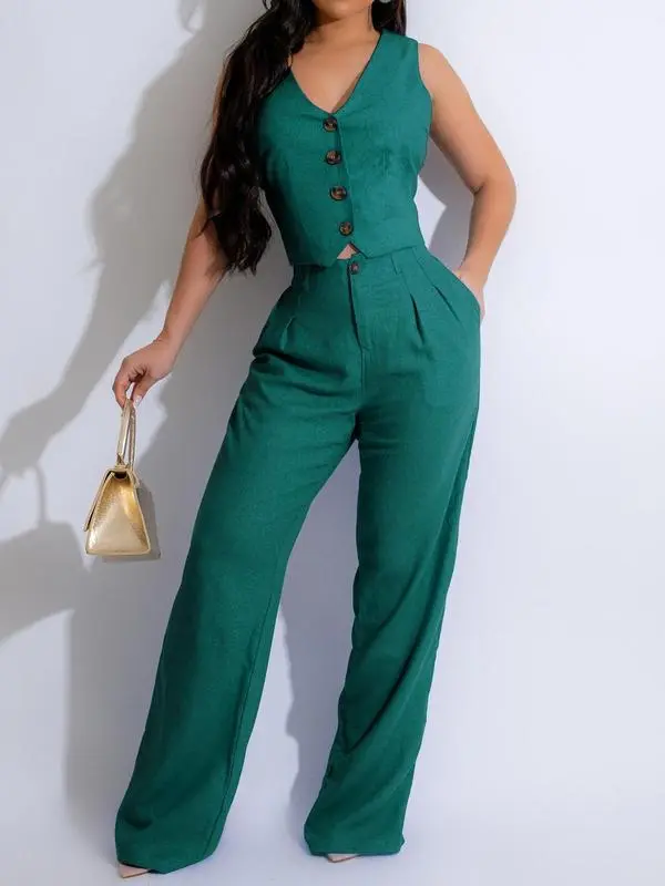 Women's Button Front V Neck Crop Tank Top & High Waist Pants Set