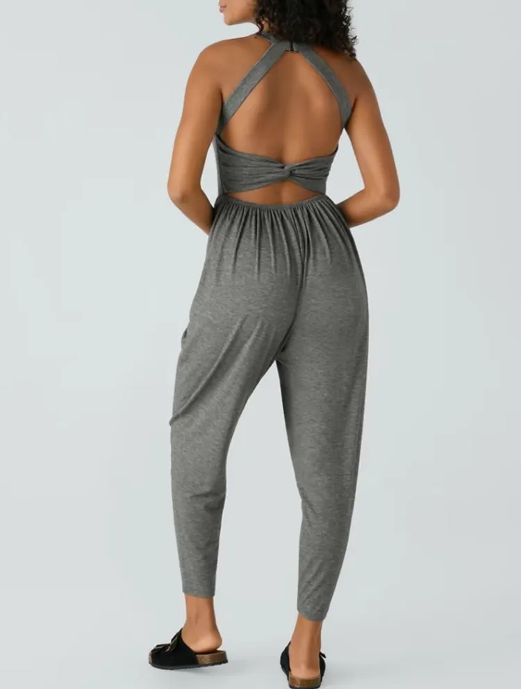 💝Women's Backless Twisted U-Neck Harem Jumpsuit with Pockets