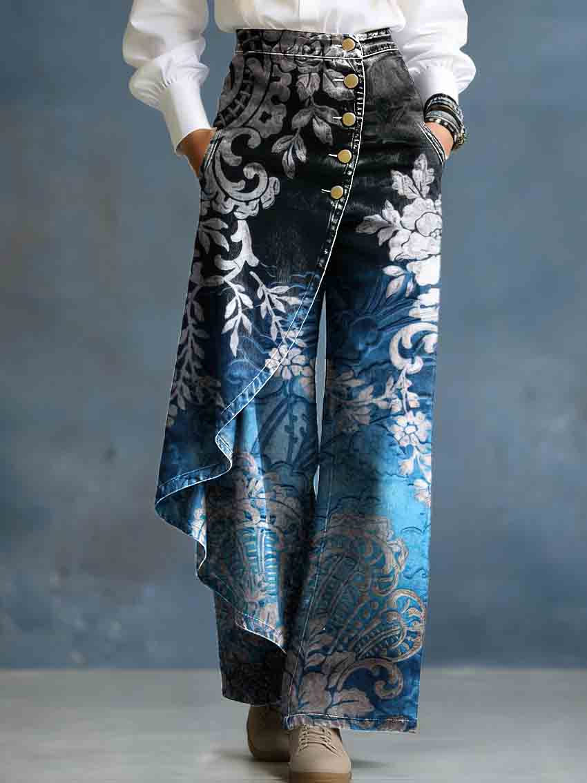 Women's Vintage Blue Gradient Floral Print Stylish Design High-waisted Relaxed Fit Wide-leg Jeans