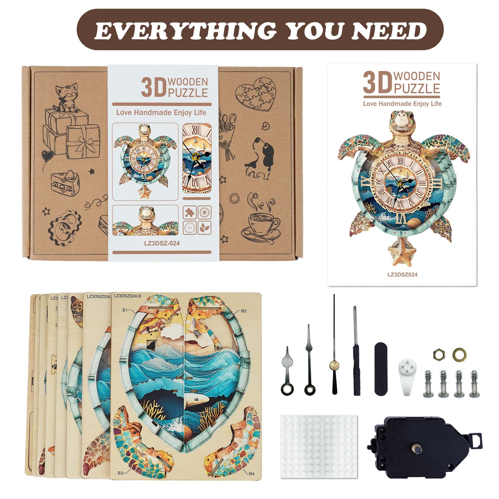 Sea turtlesâ€“ DIY Wooden Clock, 3D Puzzle Craft Kit