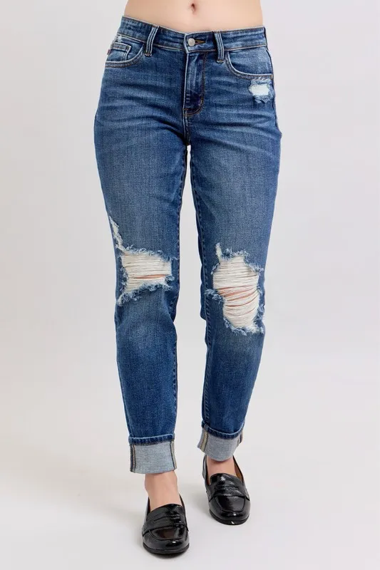 Blue Full Size Midi Rise Boyfriend destroy Jeans with Yoke Pockets and Faux Selvedge Cuff Plus Size