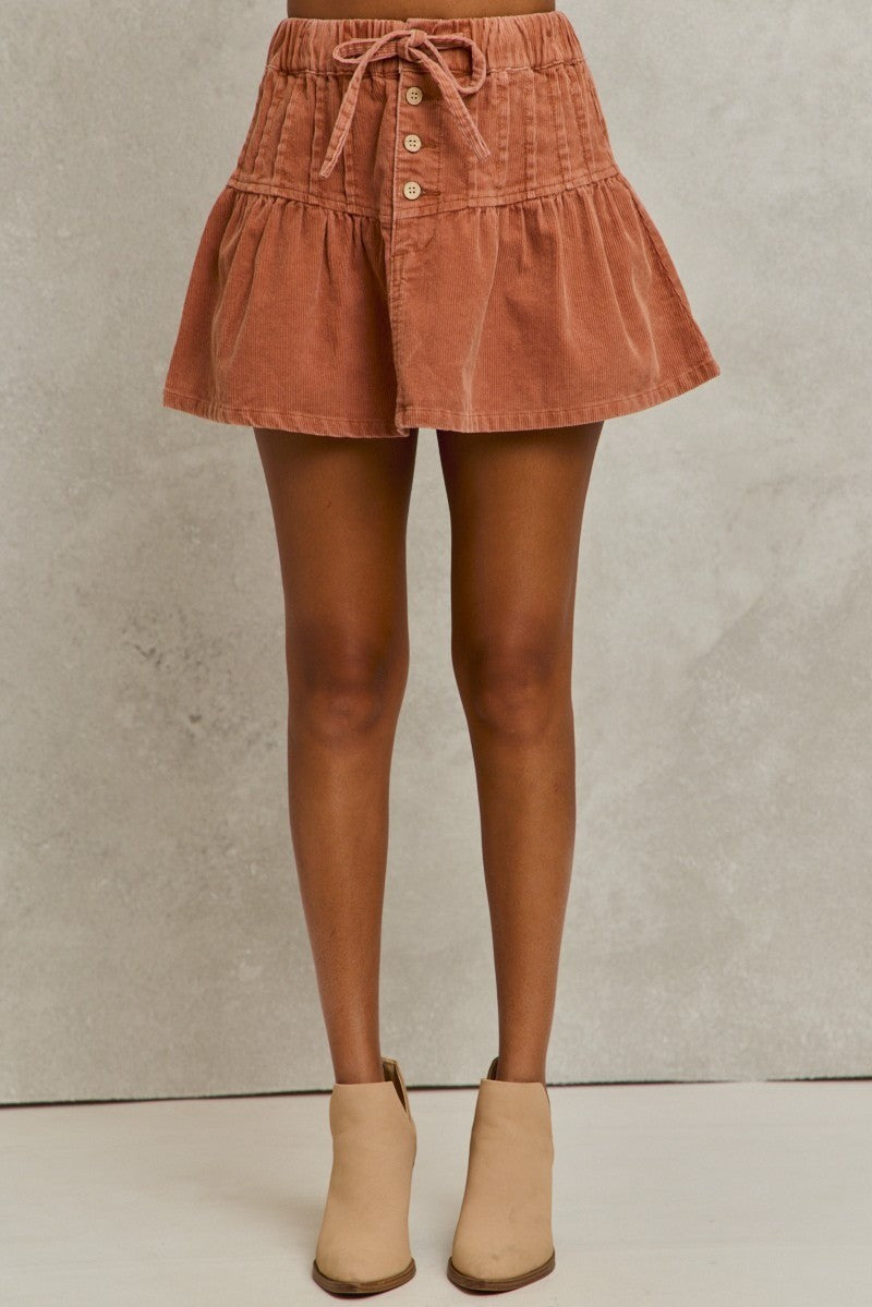 Mineral Wash Pintucked Corduroy Mini Flared Skirt