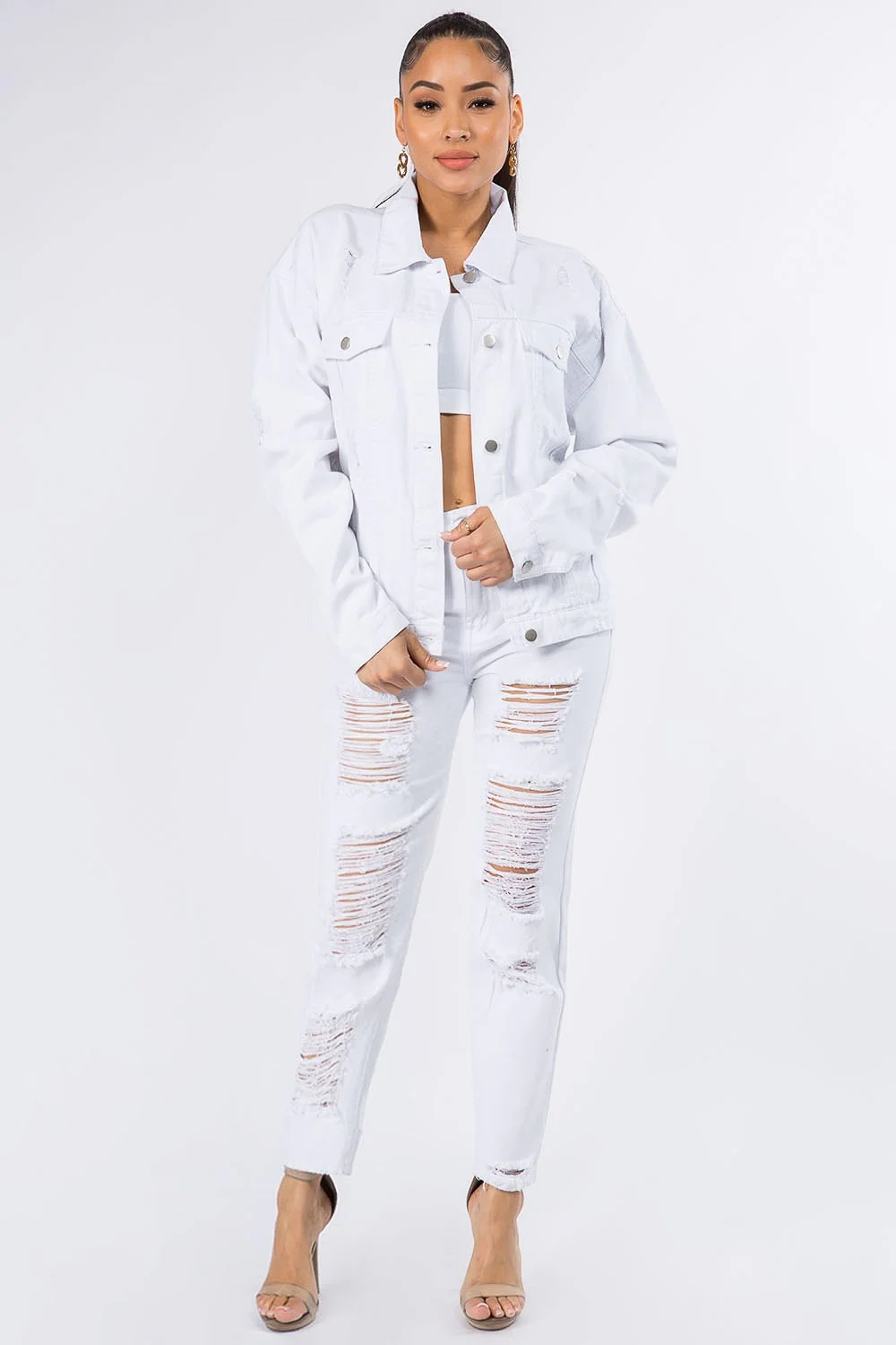 Graphic Distressed Long Sleeve Denim Jacket