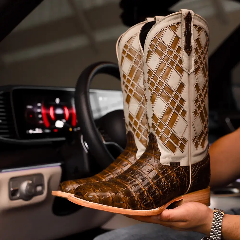 Honey Caiman Hornback Leather Boots - Square Toe