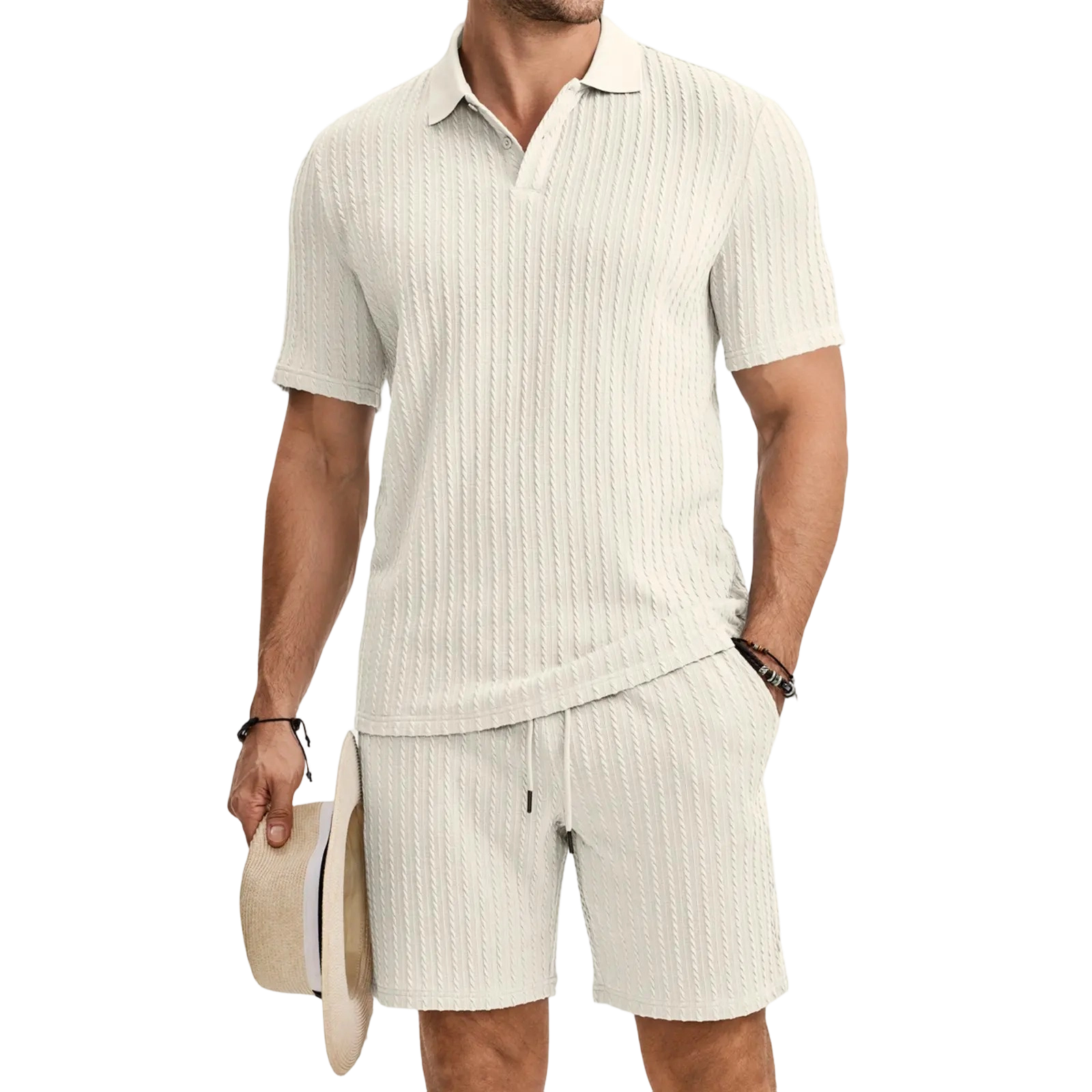Men 2 Piece Jacquard Knit Lounge Sets Short Sleeve Polo Shirt and Shorts Sets Summer Outfits with Pockets