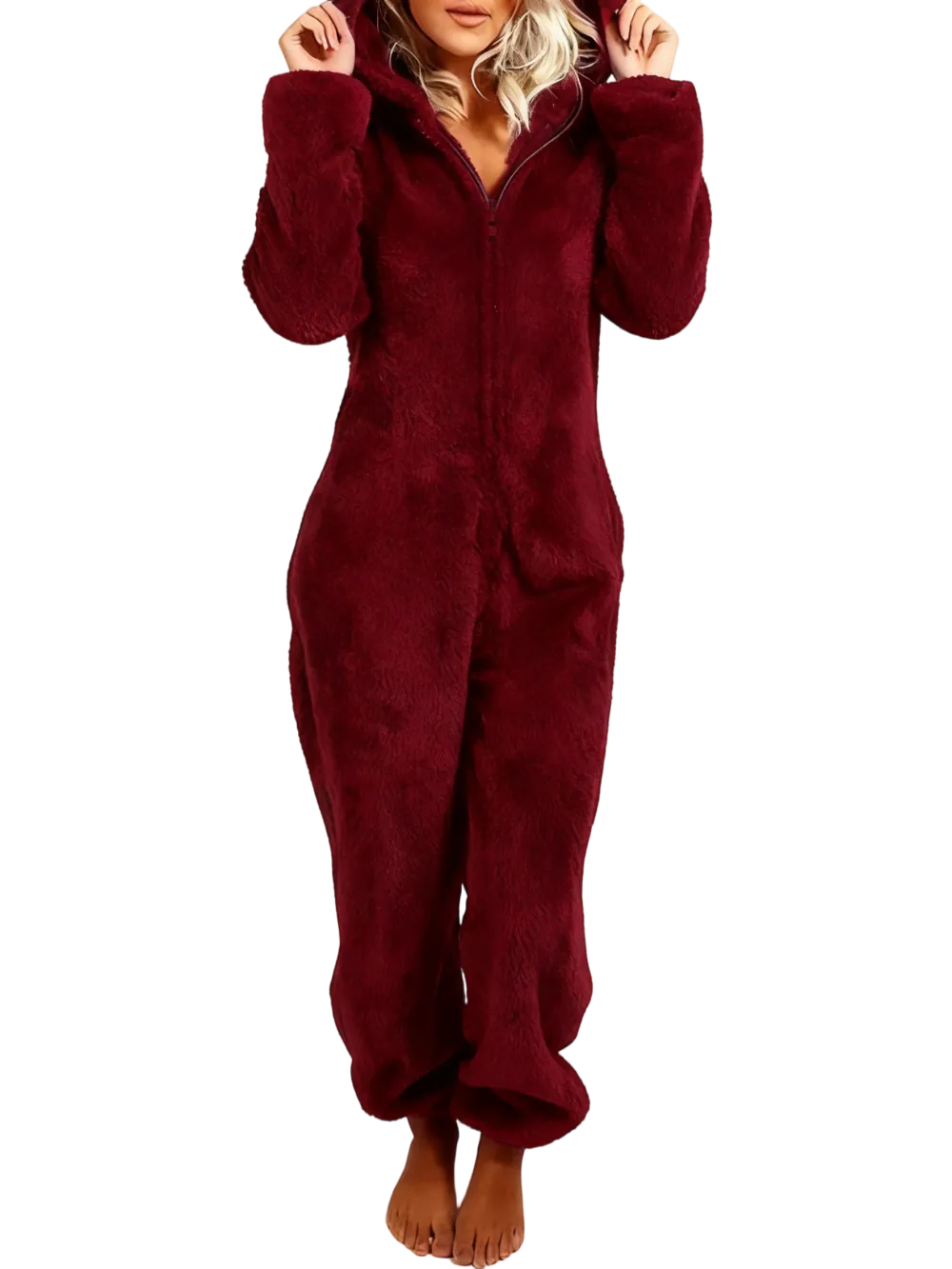 Women's Solid Zipper Hooded Plush Pajama Jumpsuit