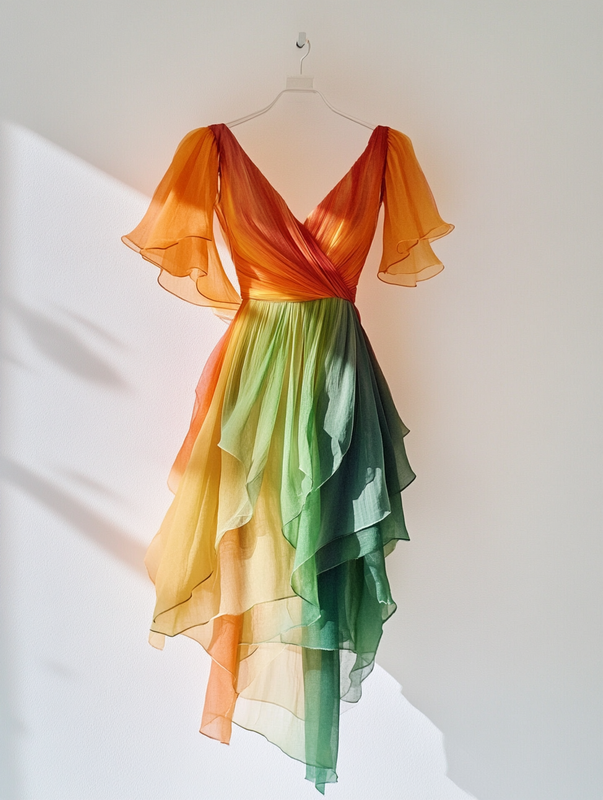 Contrast Rainbow Ruffle Chiffon Dress cb02