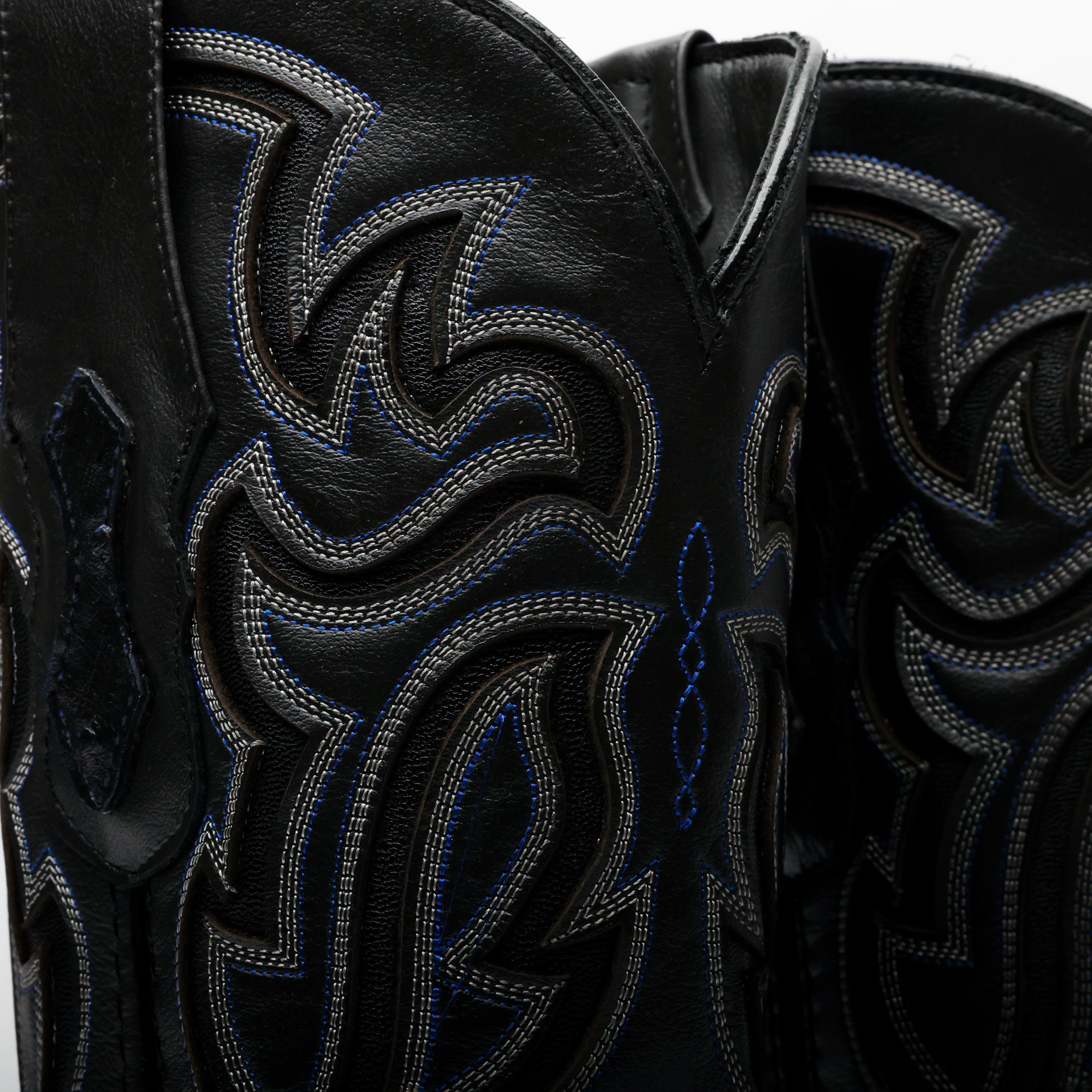 Black/Blue Ostrich Leather Boots - Square Toe