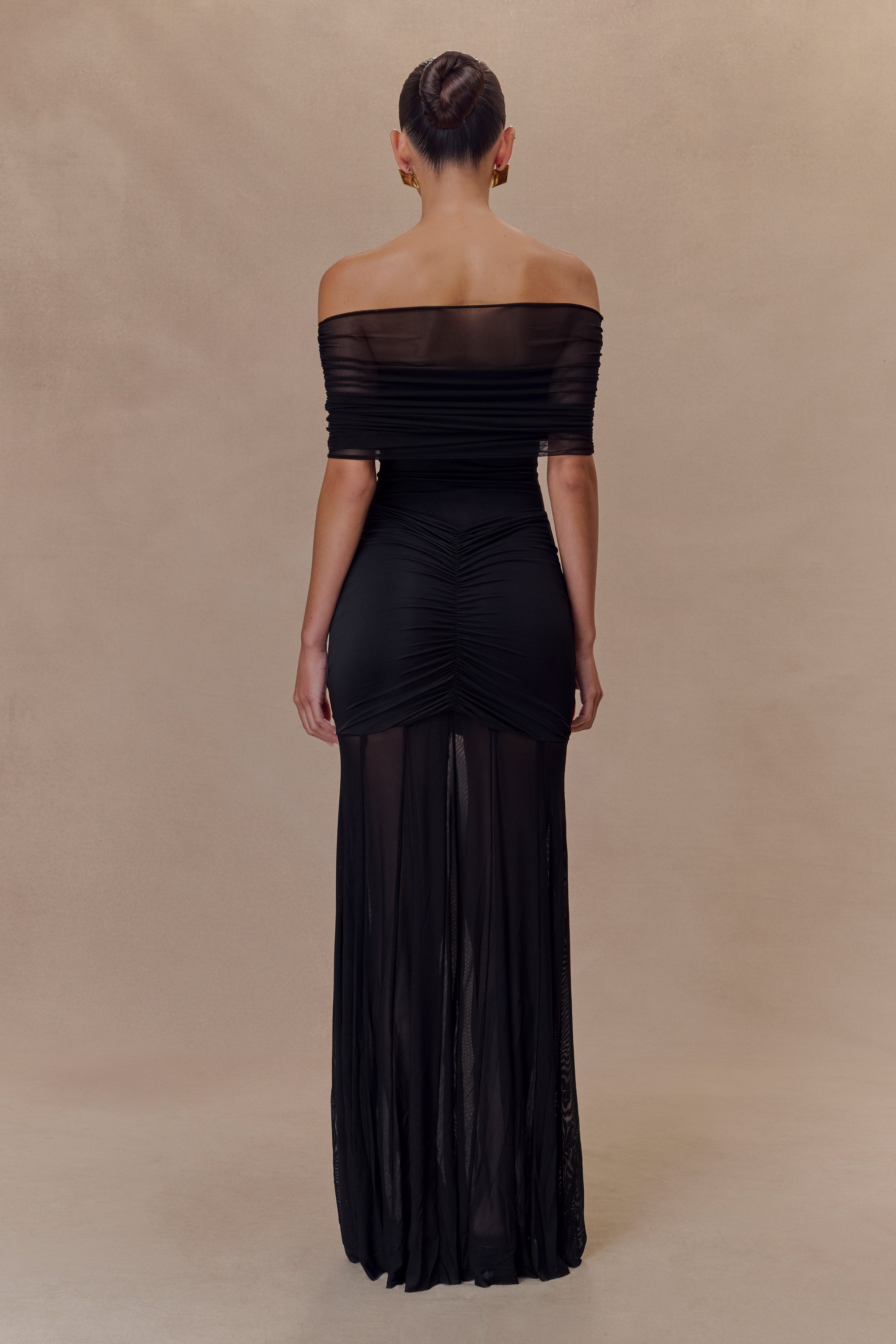 Black Slinky And Mesh Off Shoulder Maxi Dress