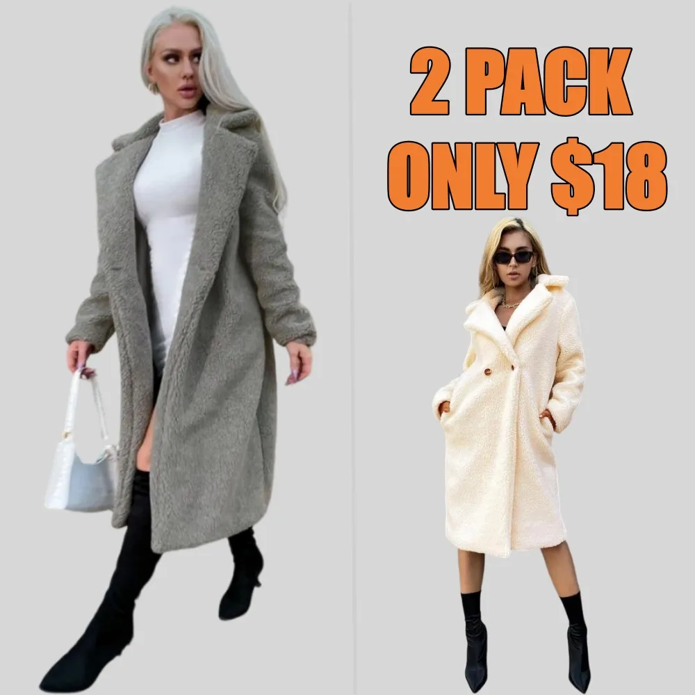 Women Faux Fur Pocket Button Lapel Coat