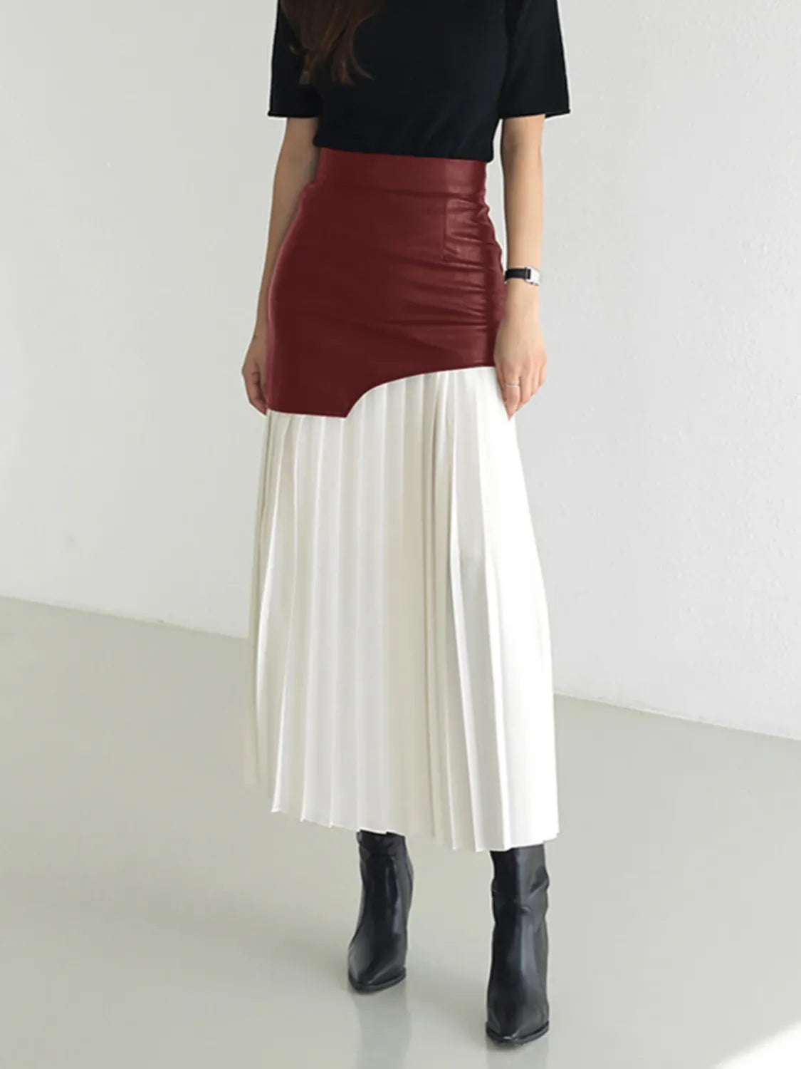 Patchwork Contrast Pleated Skirt
