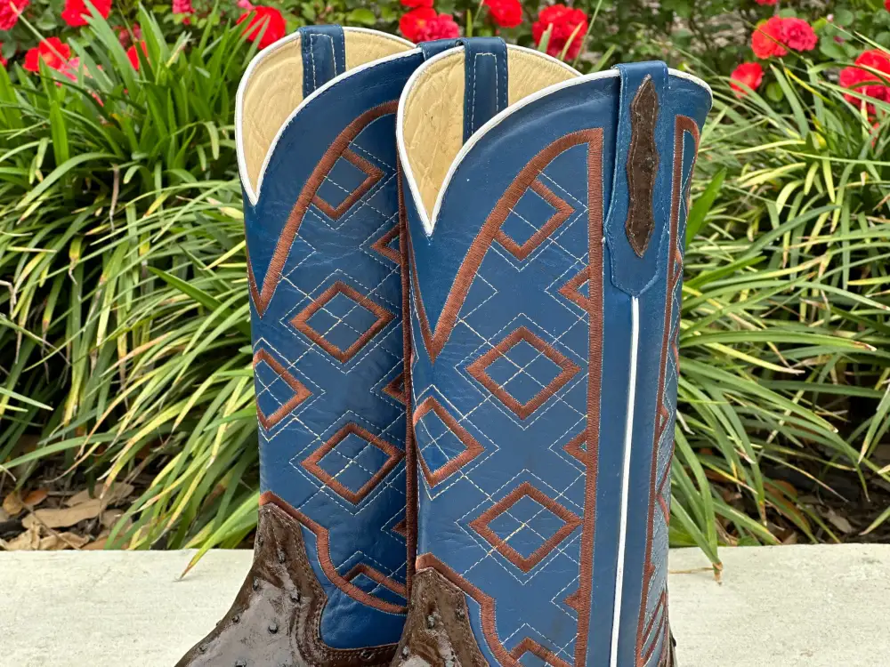 Mens Brown Ostrich Leather Boots With Blue Shaft